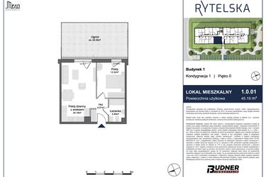 Rzut - Mieszkanie na sprzedaż 2 pokoje o powierzchni 45,19 m² - numer 1.0.01 w Rytelska