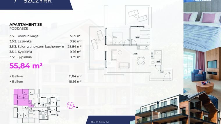 Rzut - Mieszkanie na sprzedaż 3 pokoje o powierzchni 55,84 m² - numer 35 w Novy Szczyrk