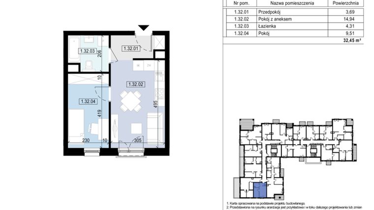 Rzut - Mieszkanie na sprzedaż 2 pokoje o powierzchni 32,45 m² - numer BP3.M-32 w Apartamenty Tatarska 4