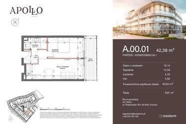 Rzut - Mieszkanie na sprzedaż 2 pokoje o powierzchni 42,38 m² - numer A.0.01 w Apollo Residence