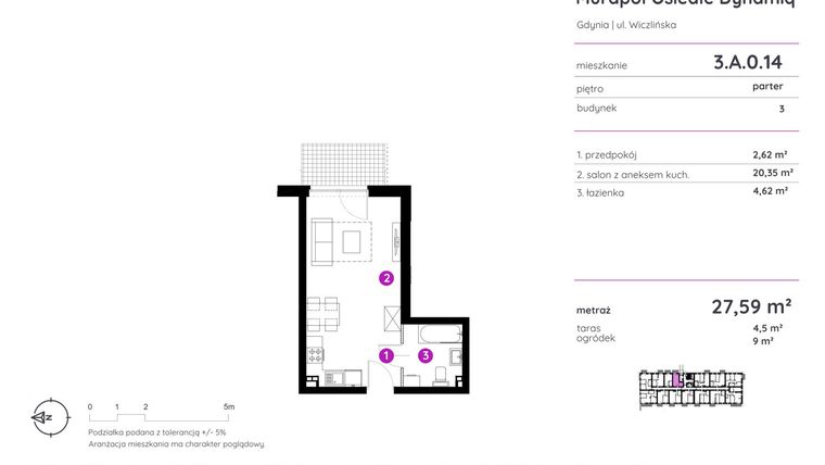 Rzut - Mieszkanie na sprzedaż 1 pokój o powierzchni 27,59 m² - numer 3.A.0.14 w Murapol Osiedle Dynamiq