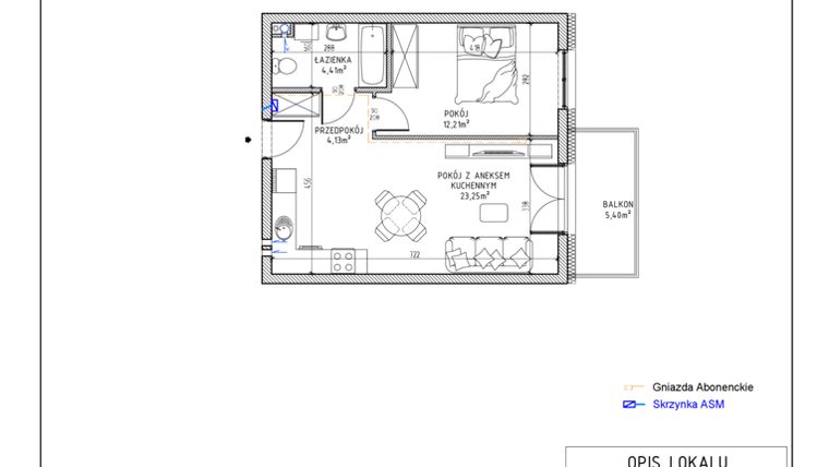 Rzut - Mieszkanie na sprzedaż 2 pokoje o powierzchni 44 m² - numer 22 w Harmonia bud. M3