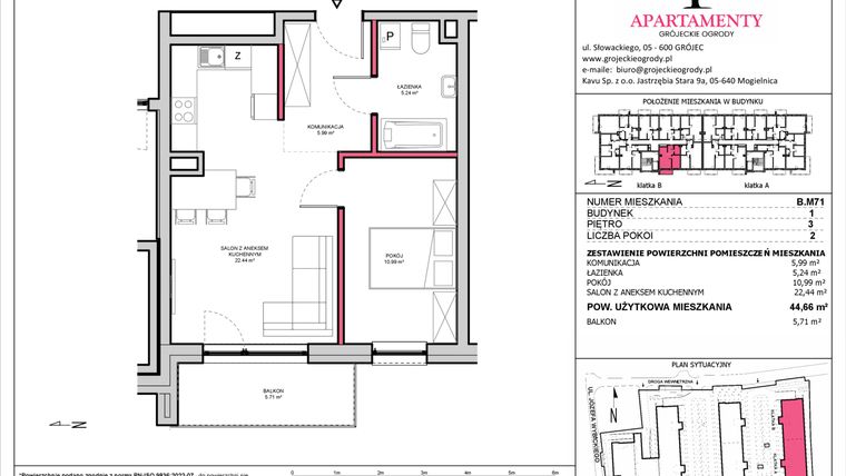 Rzut - Mieszkanie na sprzedaż 2 pokoje o powierzchni 44,66 m² - numer B.71 w Apartamenty Grójeckie Ogrody