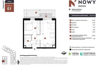 Rzut - Mieszkanie na sprzedaż 2 pokoje o powierzchni 47,47 m² - numer B1 w Nowy Reden