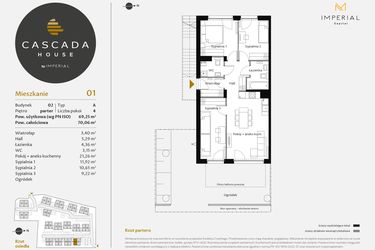 Rzut - Mieszkanie na sprzedaż 4 pokoje o powierzchni 69,25 m² - numer 2.1 w CASCADA House