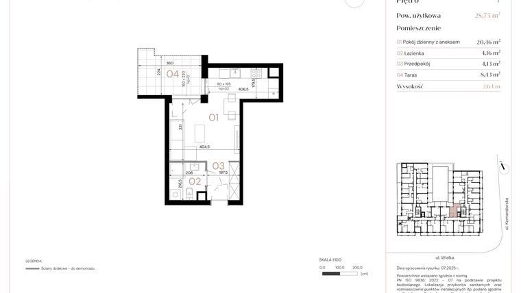 Rzut - Mieszkanie na sprzedaż 1 pokój o powierzchni 28,75 m² - numer B/1/12 w Wielka 16