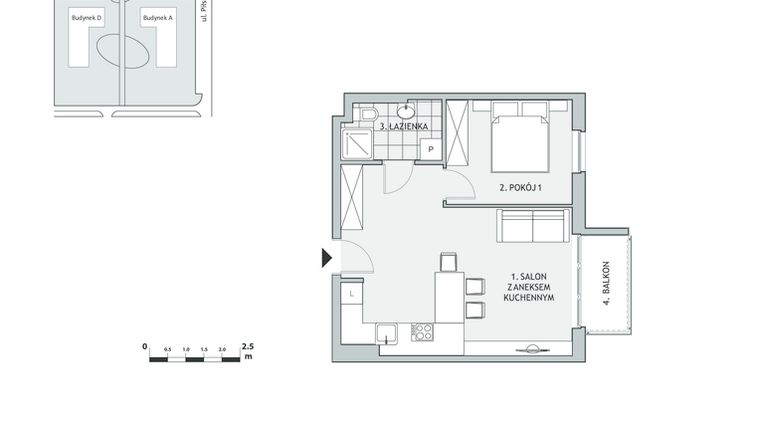 Rzut - Mieszkanie na sprzedaż 2 pokoje o powierzchni 42,87 m² - numer B2.3 w Aleksandria