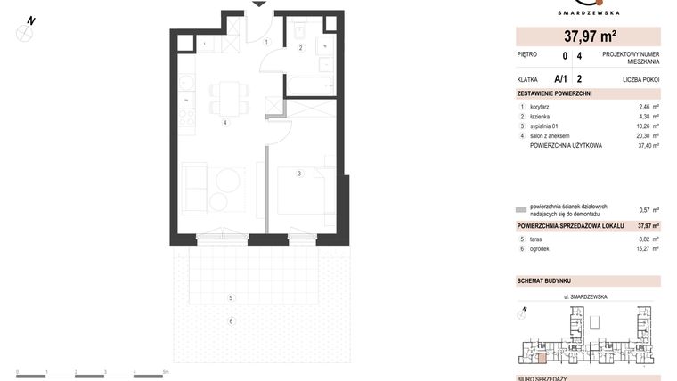 Rzut - Mieszkanie na sprzedaż 2 pokoje o powierzchni 37,97 m² - numer A/1/0.4 w Smardzewska 8