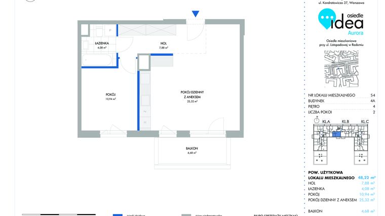 Rzut - Mieszkanie na sprzedaż 2 pokoje o powierzchni 48,33 m² - numer 54.4A w Osiedle Idea Aurora