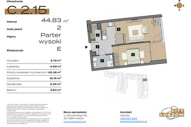 Rzut - Mieszkanie na sprzedaż 2 pokoje o powierzchni 44,83 m² - numer C 2.15 w City Łobzów