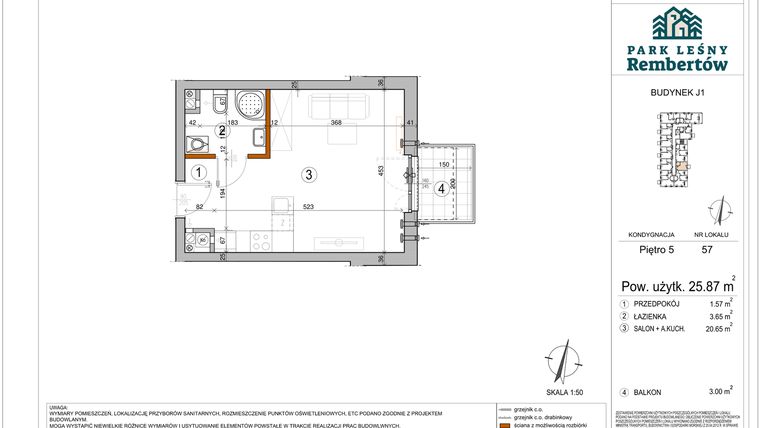 Rzut - Mieszkanie na sprzedaż 1 pokój o powierzchni 25,87 m² - numer J1-57 w Park Leśny Rembertów etap VIII