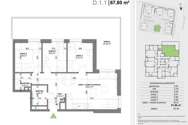 Rzut - Mieszkanie na sprzedaż 4 pokoje o powierzchni 67,57 m² - numer D.1.1 w Park Przy Stawach