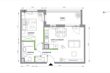 Rzut - Mieszkanie na sprzedaż 2 pokoje o powierzchni 44,63 m² - numer 1/A/3/3 w Sochaczewska Vita