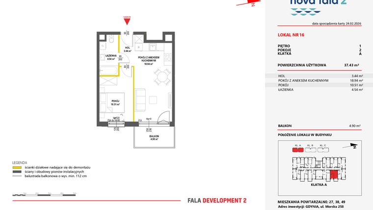 Rzut - Mieszkanie na sprzedaż 2 pokoje o powierzchni 37,43 m² - numer 16 w Miasteczko Nova Fala 2
