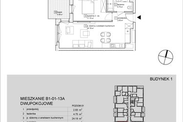 Rzut - Mieszkanie na sprzedaż 2 pokoje o powierzchni 42,92 m² - numer B1-01-13A w Francuska Park IX