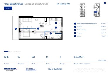 Rzut - Mieszkanie na sprzedaż 1 pokój o powierzchni 50,02 m² - numer 15A w Przy Bursztynowej
