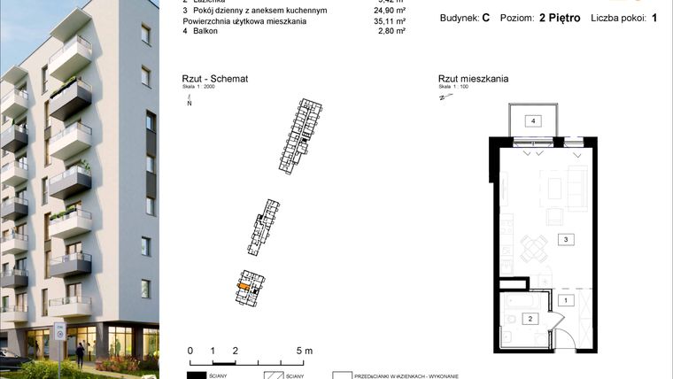 Rzut - Mieszkanie na sprzedaż 1 pokój o powierzchni 35,11 m² - numer C.20 w Osiedle Kochanowskiego - Gliwice