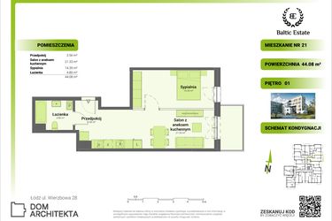 Rzut - Mieszkanie na sprzedaż 2 pokoje o powierzchni 44,77 m² - numer 01.M.21 w Dom Architekta