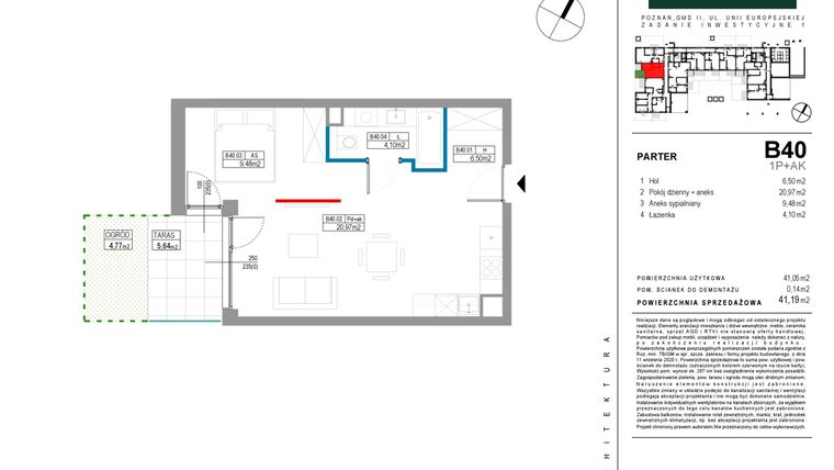 Rzut - Mieszkanie na sprzedaż 1 pokój o powierzchni 41,09 m² - numer B040 w Grunwald Między Drzewami etap II