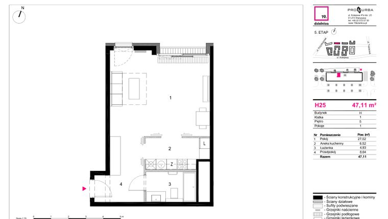 Rzut - Mieszkanie na sprzedaż 1 pokój o powierzchni 47,11 m² - numer H25 w 19. Dzielnica Etap V
