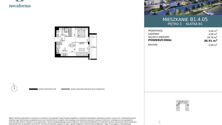 Rzut - Mieszkanie na sprzedaż 1 pokój o powierzchni 36,91 m² - numer B1.4.05 w Novaforma II