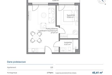 Rzut - Mieszkanie na sprzedaż 2 pokoje o powierzchni 45,41 m² - numer B.2.3 w Anchoria Holiday