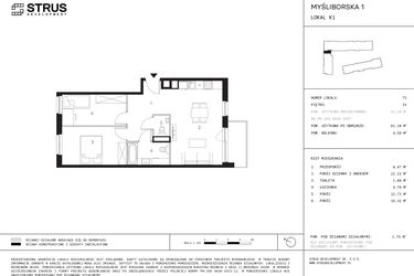 Rzut - Mieszkanie na sprzedaż 3 pokoje o powierzchni 61,18 m² - numer K1.4 w Myśliborska III etap