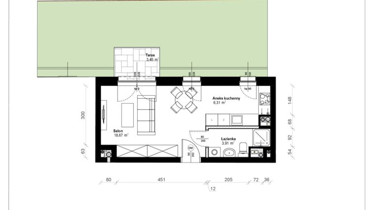 Rzut - Mieszkanie na sprzedaż 1 pokój o powierzchni 29,39 m² - numer B.0.06.1k w ATRIUM