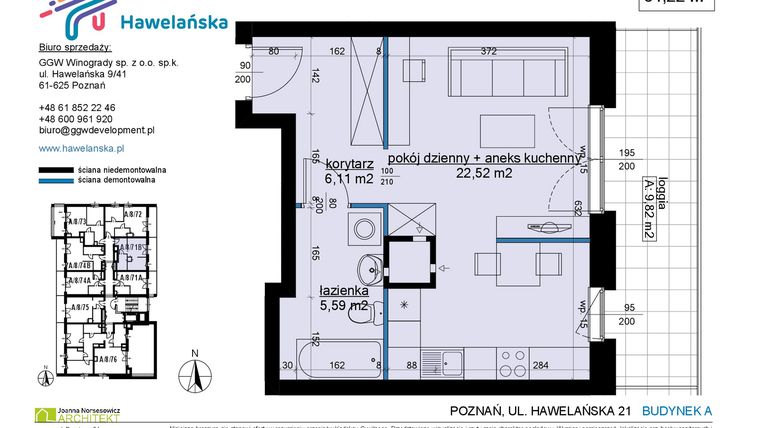 Rzut - Mieszkanie na sprzedaż 1 pokój o powierzchni 34,42 m² - numer A/8/71B w Osiedle Hawelańska etap III - bud. A