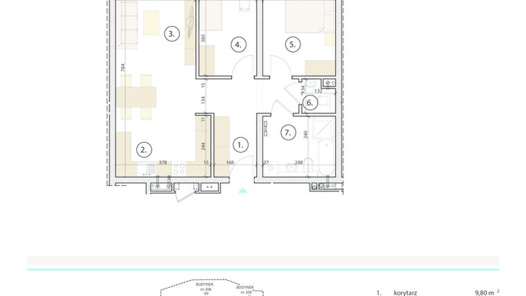 Rzut - Mieszkanie na sprzedaż 3 pokoje o powierzchni 64,25 m² - numer 205K.1.4 w Osiedle Pionierów 3