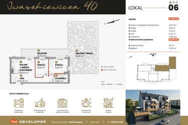 Rzut - Mieszkanie na sprzedaż 3 pokoje o powierzchni 49,99 m² - numer A-1-1 w Iwaszkiewicza 40