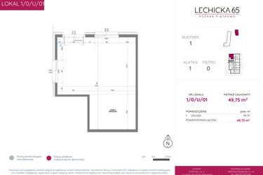 Rzut - Lokal użytkowy na sprzedaż 1 pokój o powierzchni 49,75 m² - numer 1/0/U/01 w Lechicka 65