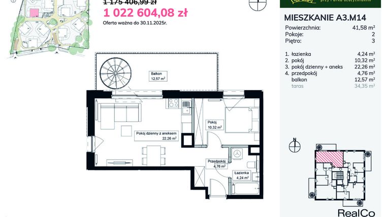 Rzut - Mieszkanie na sprzedaż 2 pokoje o powierzchni 41,58 m² - numer A3.M14 w Apartamenty przy Parku Szczytnickim