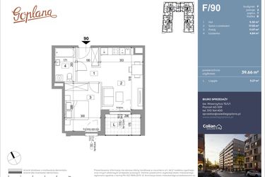Rzut - Mieszkanie na sprzedaż 2 pokoje o powierzchni 39,85 m² - numer F90 w Goplana budynek F