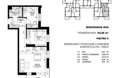 Rzut - Mieszkanie na sprzedaż 3 pokoje o powierzchni 55,45 m² - numer C2-M24 w Stacja Łódź V – etap C2