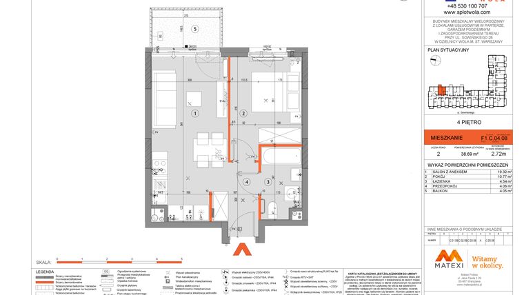 Rzut - Mieszkanie na sprzedaż 2 pokoje o powierzchni 38,69 m² - numer F1.C.04.08 w Splot Wola