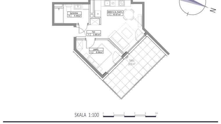 Rzut - Mieszkanie na sprzedaż 2 pokoje o powierzchni 34,74 m² - numer E9 w Apartamenty na Klifie bud. D, E i F