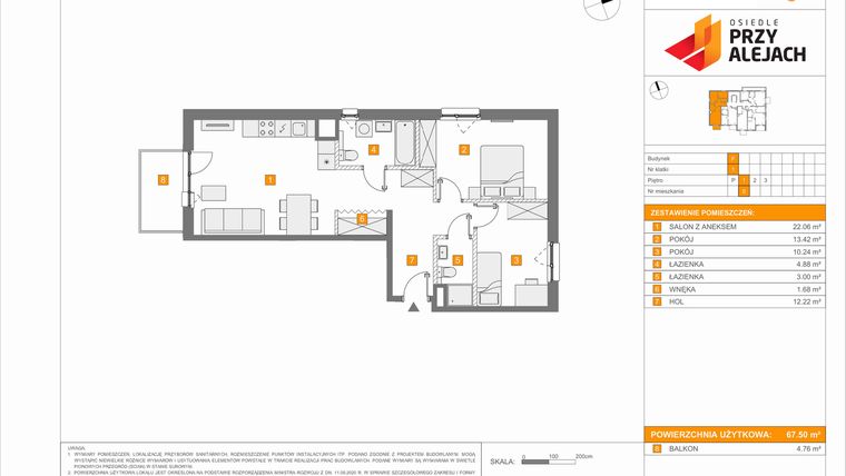 Rzut - Mieszkanie na sprzedaż 3 pokoje o powierzchni 67,5 m² - numer F.5 w Osiedle Przy Alejach etap 4