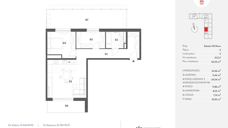 Rzut - Mieszkanie na sprzedaż 2 pokoje o powierzchni 64,55 m² - numer A2.3.1 w Mieszkaj w mieście Załęska od Nowa