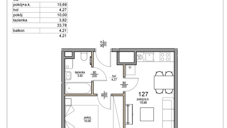 Rzut - Mieszkanie na sprzedaż 2 pokoje o powierzchni 33,78 m² - numer 127 w Rezydencja Liwska 3