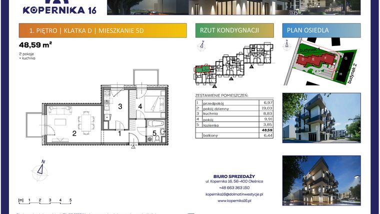 Rzut - Mieszkanie na sprzedaż 2 pokoje o powierzchni 48,59 m² - numer D05 w Kopernika Szesnaście