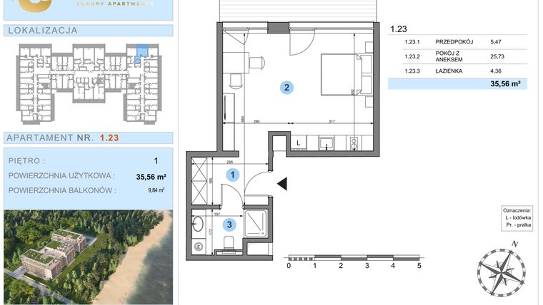 Rzut - Mieszkanie na sprzedaż 1 pokój o powierzchni 35,56 m² - numer 1.23 w Ustronie Luxury Apartments