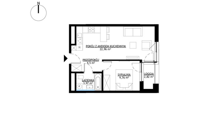 Rzut - Mieszkanie na sprzedaż 2 pokoje o powierzchni 41,19 m² - numer M14 w KrakoVska etap 2