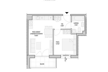 Rzut - Mieszkanie na sprzedaż 2 pokoje o powierzchni 39,11 m² - numer WO/T/13/25 w Wiszące Ogrody
