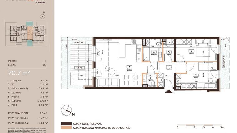 Rzut - Mieszkanie na sprzedaż 3 pokoje o powierzchni 70,8 m² - numer D3 w Domkove Widzew