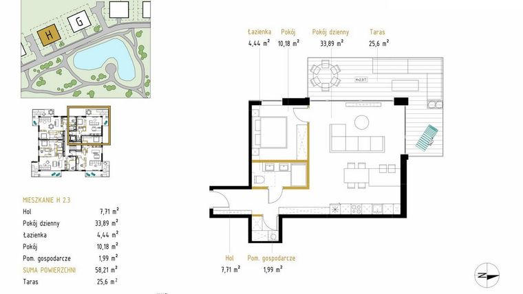 Rzut - Mieszkanie na sprzedaż 2 pokoje o powierzchni 58,21 m² - numer 2.3/H w Panorama Park
