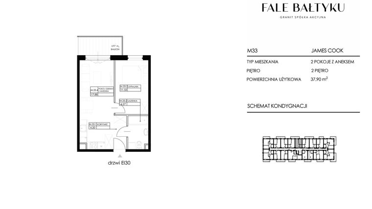 Rzut - Mieszkanie na sprzedaż 2 pokoje o powierzchni 37,9 m² - numer FBJC-M33 w Fale Bałtyku Cook