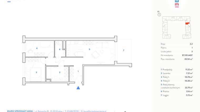 Rzut - Mieszkanie na sprzedaż 3 pokoje o powierzchni 67,06 m² - numer E7.101.M7 w Mieszkaj w mieście - etap Wizjonerów budynek D i E.