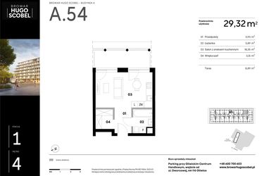 Rzut - Mieszkanie na sprzedaż 1 pokój o powierzchni 29,32 m² - numer A.54 w Browar HUGO SCOBEL