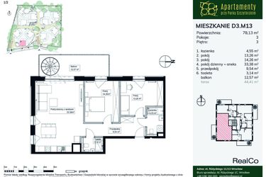 Rzut - Mieszkanie na sprzedaż 3 pokoje o powierzchni 78,13 m² - numer D3.M13 w Apartamenty przy Parku Szczytnickim